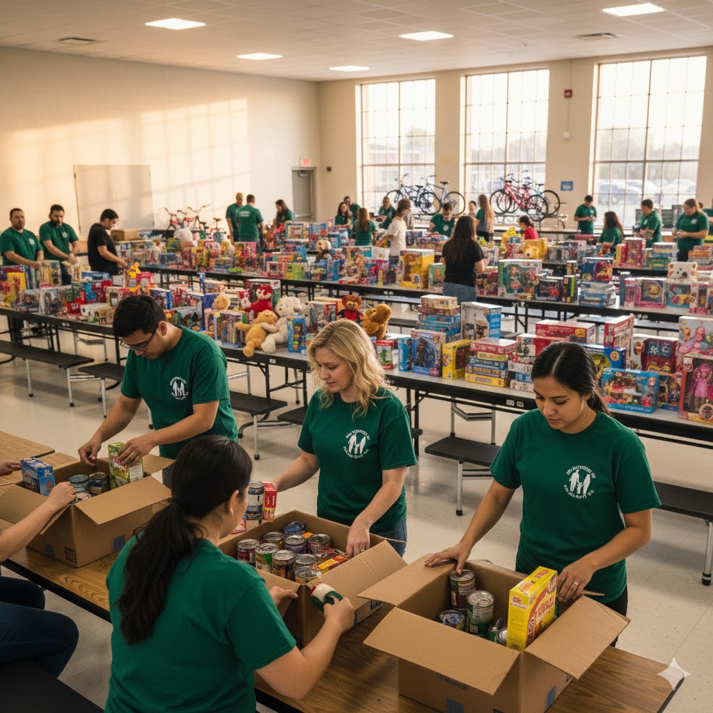 Volunteers packing food and toys for the community